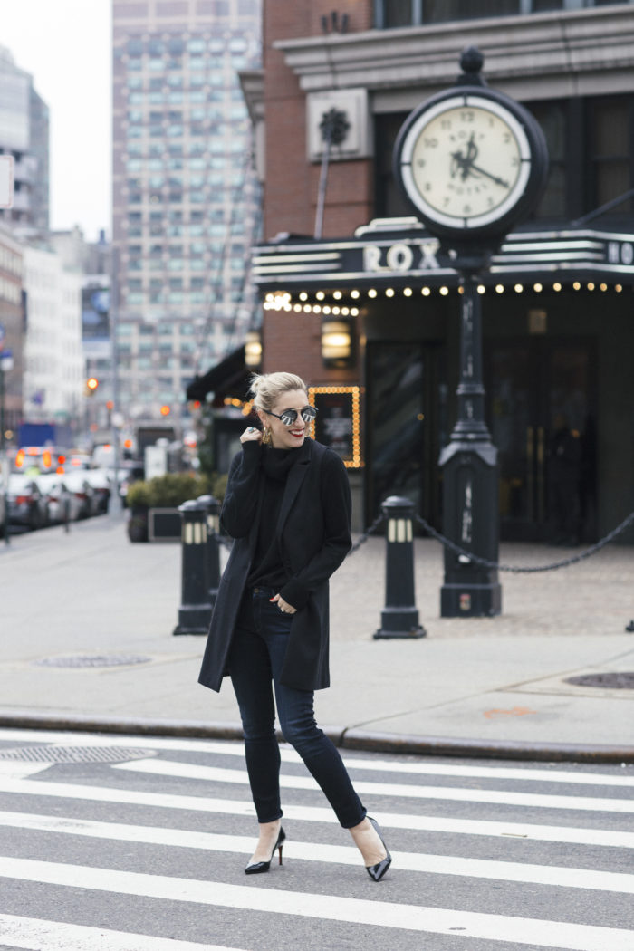Black Zara Vest over black Uniqlo Sweater with black l'agence jeans and Ben Amun Earring 2