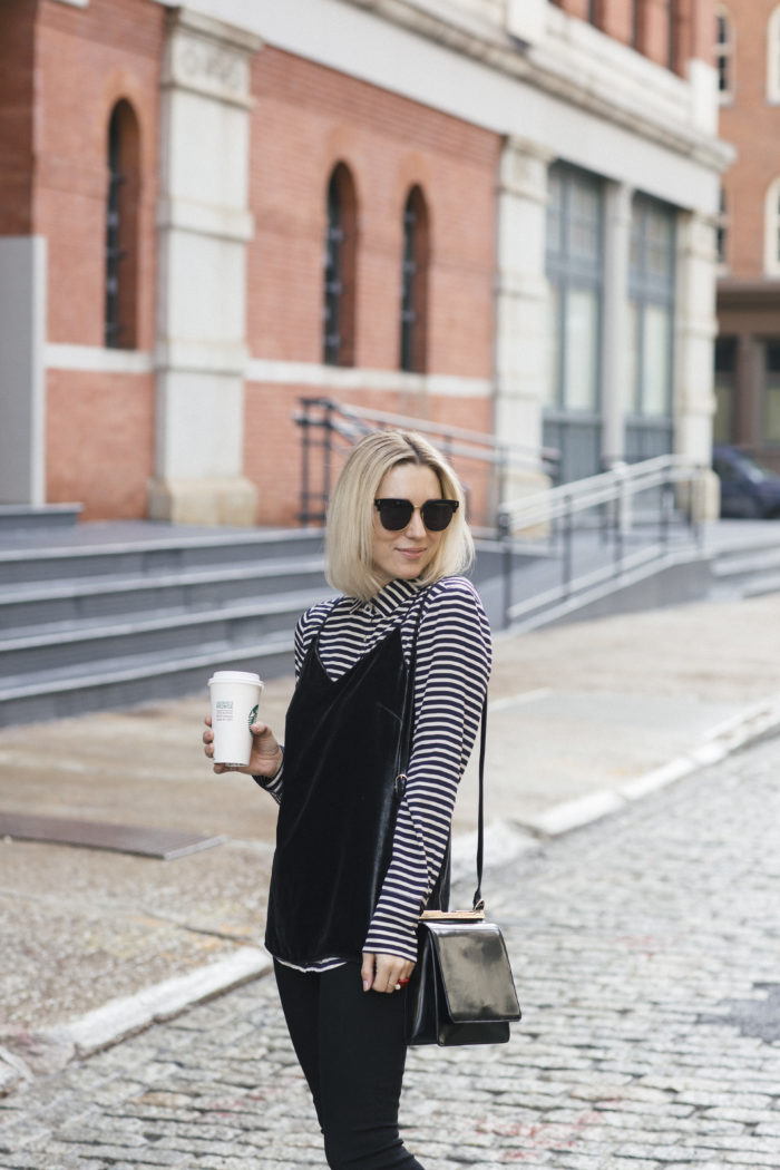 Black velvet tank over striped silk blouse 1
