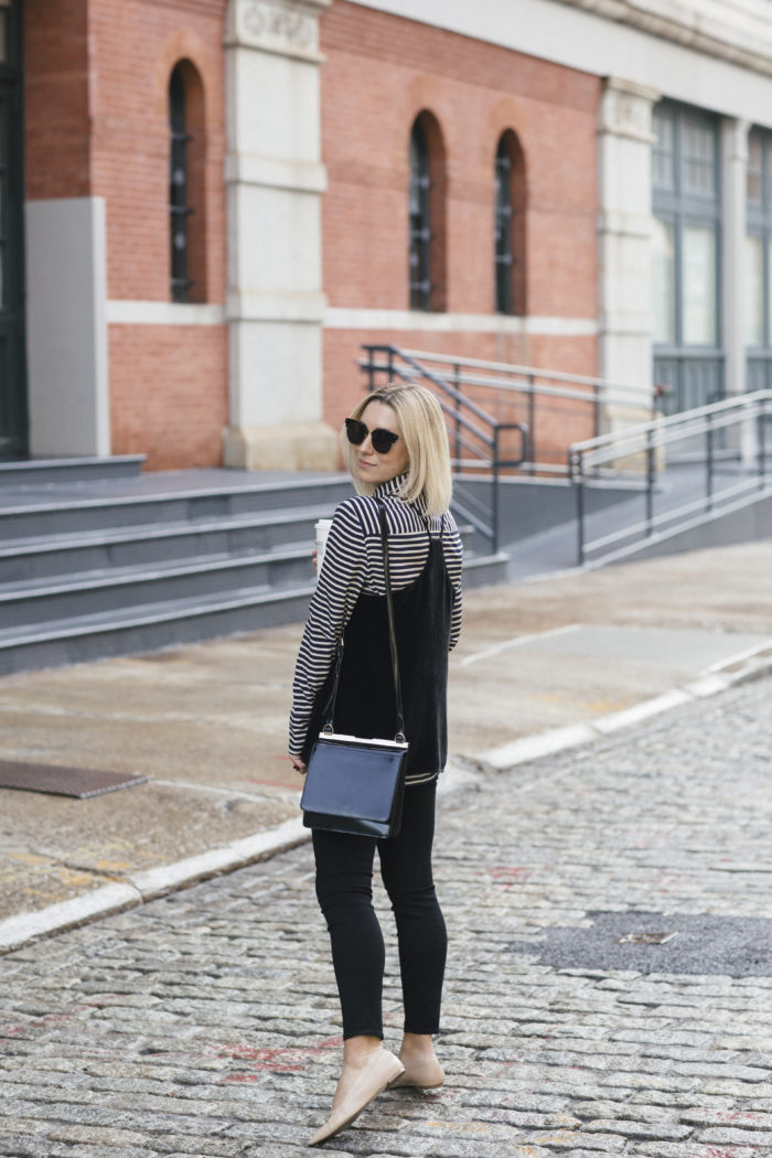 Black velvet tank over striped silk blouse 4