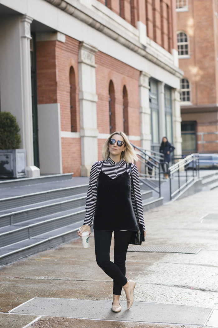 Black velvet tank over striped silk blouse 7